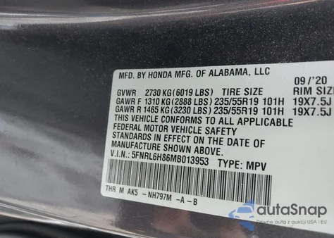 2021 Honda Odyssey Touring from USA, damaged, VIN 5FNRL6H86MB013953